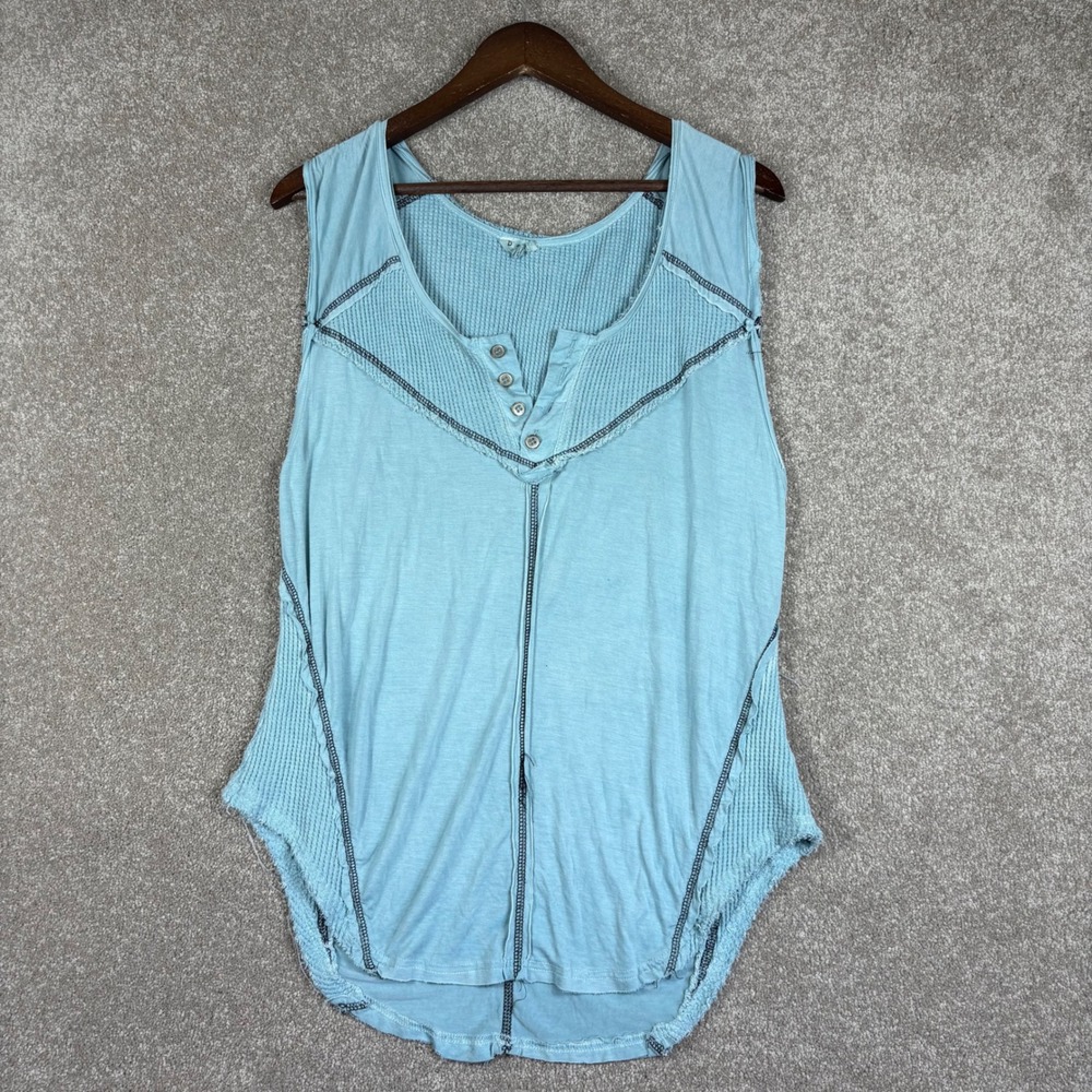 POL Women Blue Waffle Knit Henley Tank Top Mixed Media Raw Edge Distressed Large